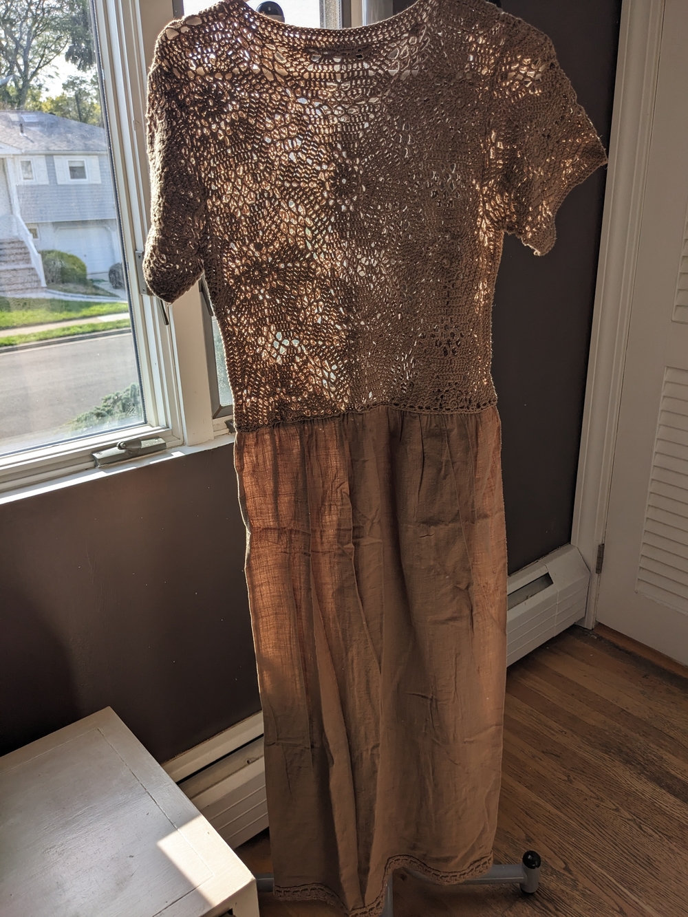 Zara Crochet Bodice Maxi Dress in Beige Brown